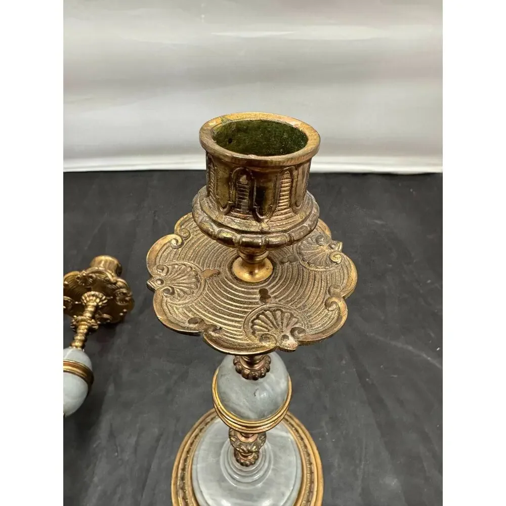 Antique Pair of 19th Century French Napoleon III Grey Marble Bronze Candlesticks